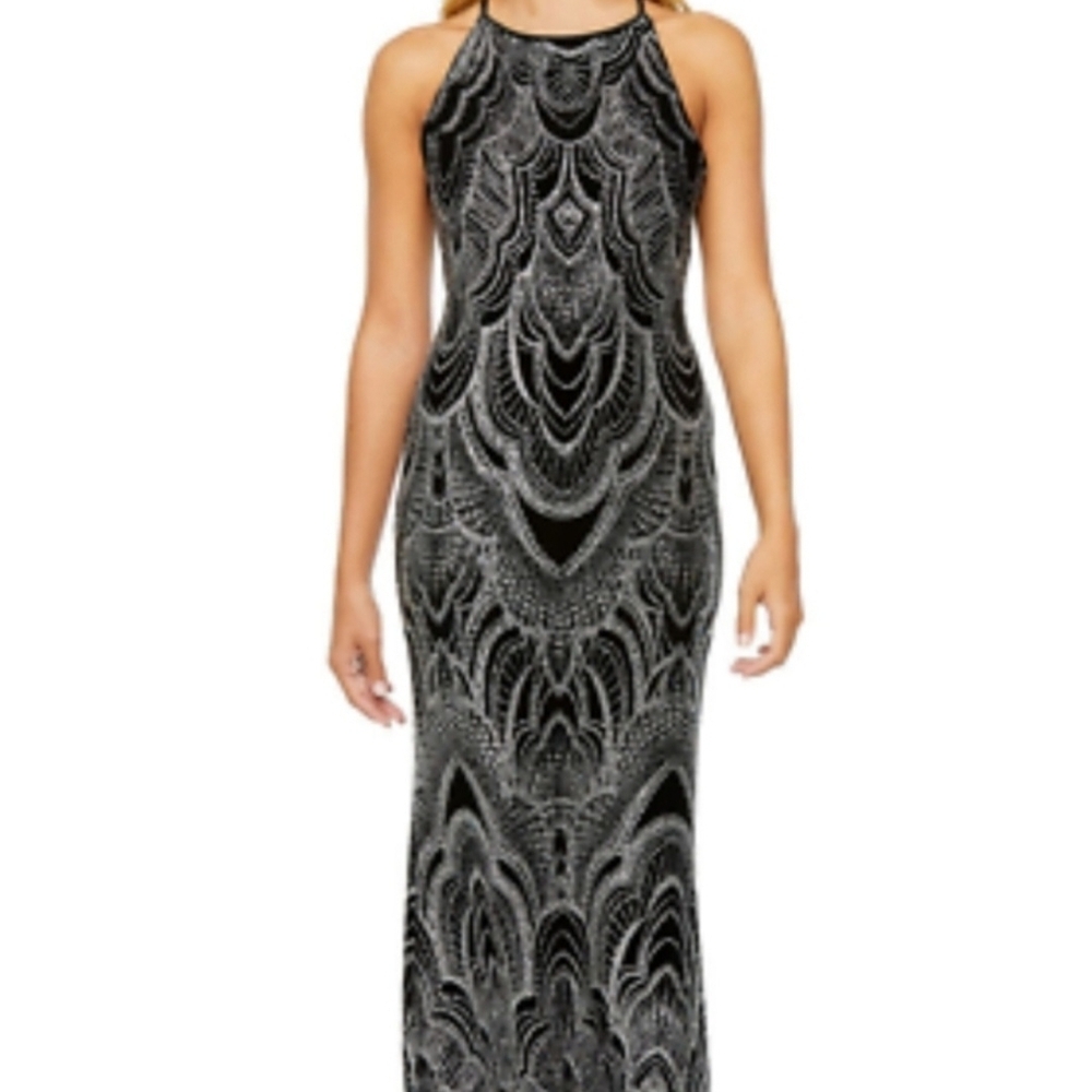 Blu Sage Women's Formal Halter Dress Black and Silver‎ Glitter Lined Size 8